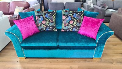 Shimmer Teal scatter back sofa with peacock velvet and crushed
