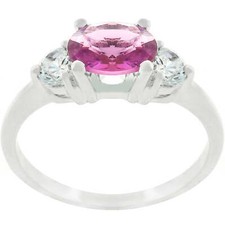 Silvertone Rhodium Plated Brass Oval-Cut Pink Cubic Zirconia Triplet Ring