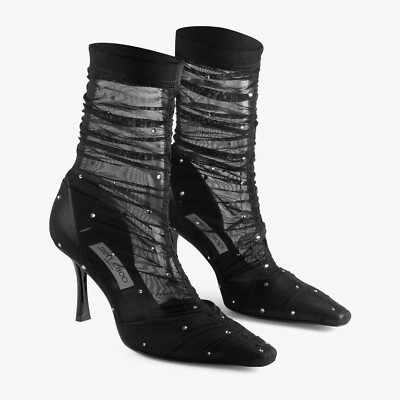 JIMMY CHOO Lotta 85 $1595 Black/Smoke Tulle Ankle Boots New And