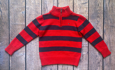 Boy s Size 4 Tommy Hilfiger Red& Navy Striped 1/4 Zip Knit Mock Neck Sweater