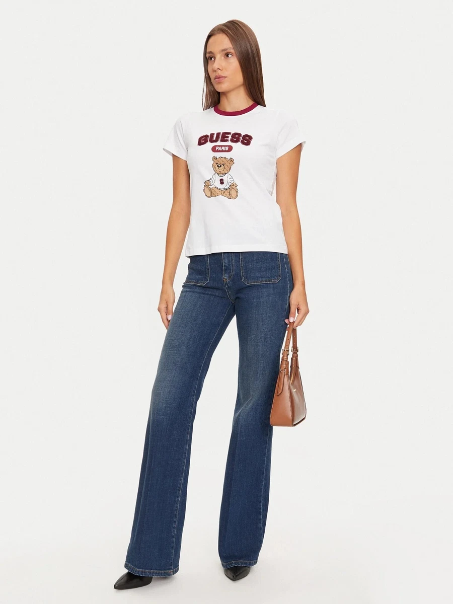 GUESS Maglietta Oversize In Cotone Biologico: Mini Toppa Logo Triangolo Rosso, Scollo Rotondo, Colore Bianco Puro, Taglia XS