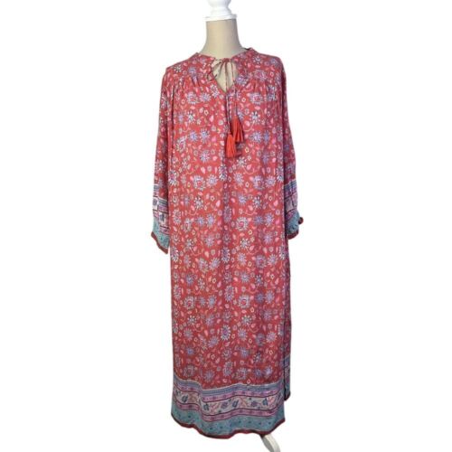 Natural Life Boho Floral Maxi Dress Tassel Tie Neck Border Print Caftan Size M