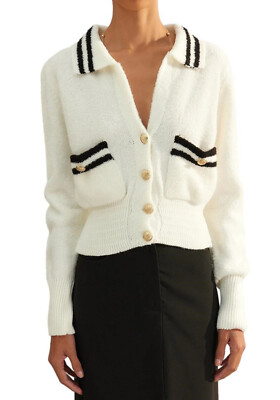 Damen Strickjacke Short Sweater Two-Tone Ivory Knit Pockets V-Neck 00409 Neu