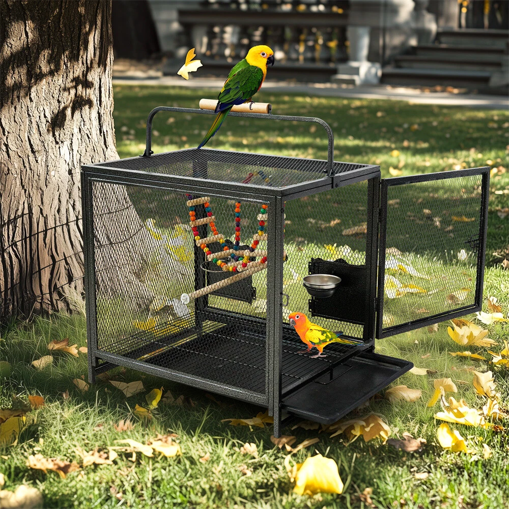 XL Flight Bird Cage Carrier Playpen with Hammock Toy Perch Removable Tray Bowls