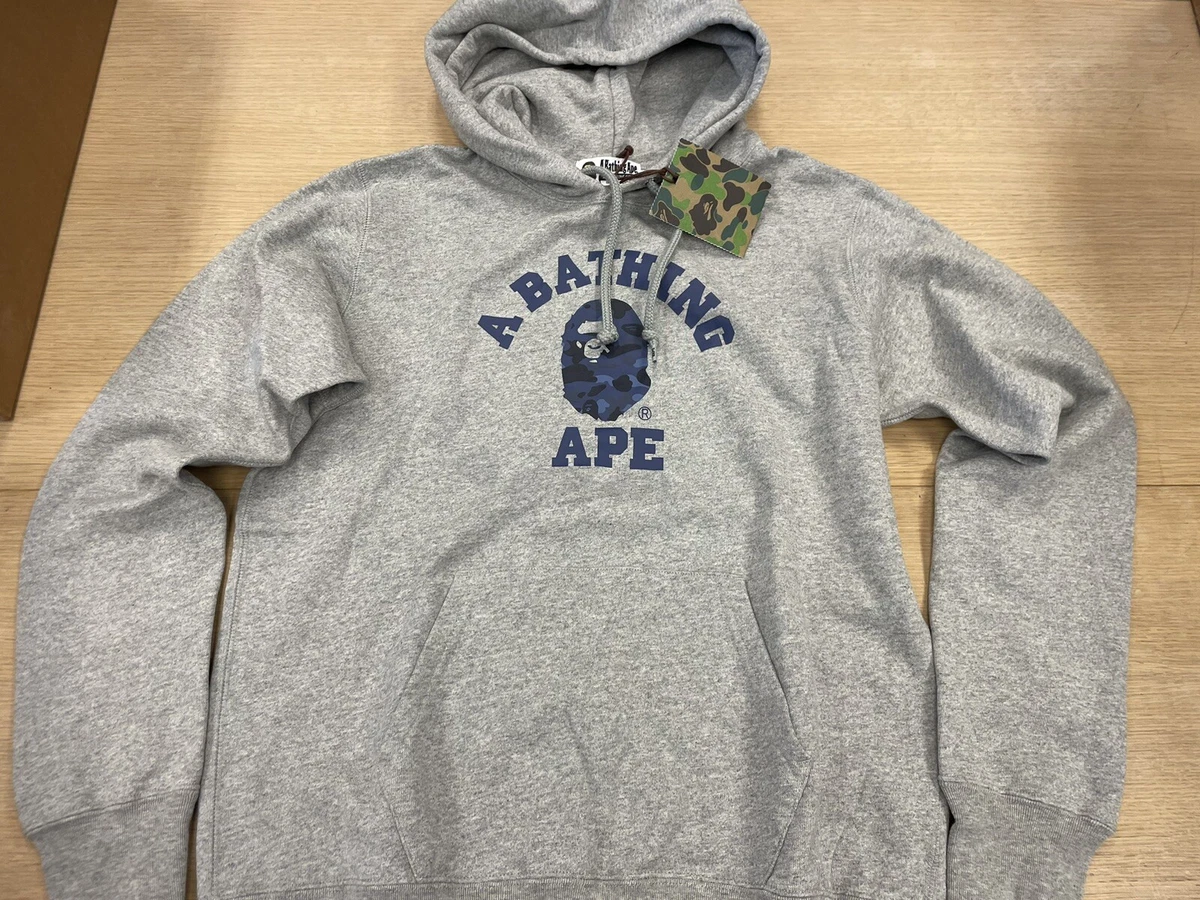 BAPE Logo Pullover Hoodie Mens Grey with Blue Size Large BNWT | eBay