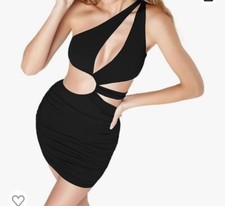 One Shoulder Cutout Ruched Mini Black Dress