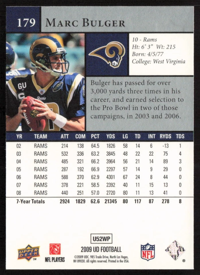 2009 Upper Deck Marc Bulger #179 St. Louis Rams - Image 2 of 2