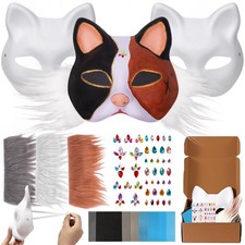Cat Fox Mask 3PCS with Furs Eye Meshes and Gem Stickers, Therian Dress up Masks