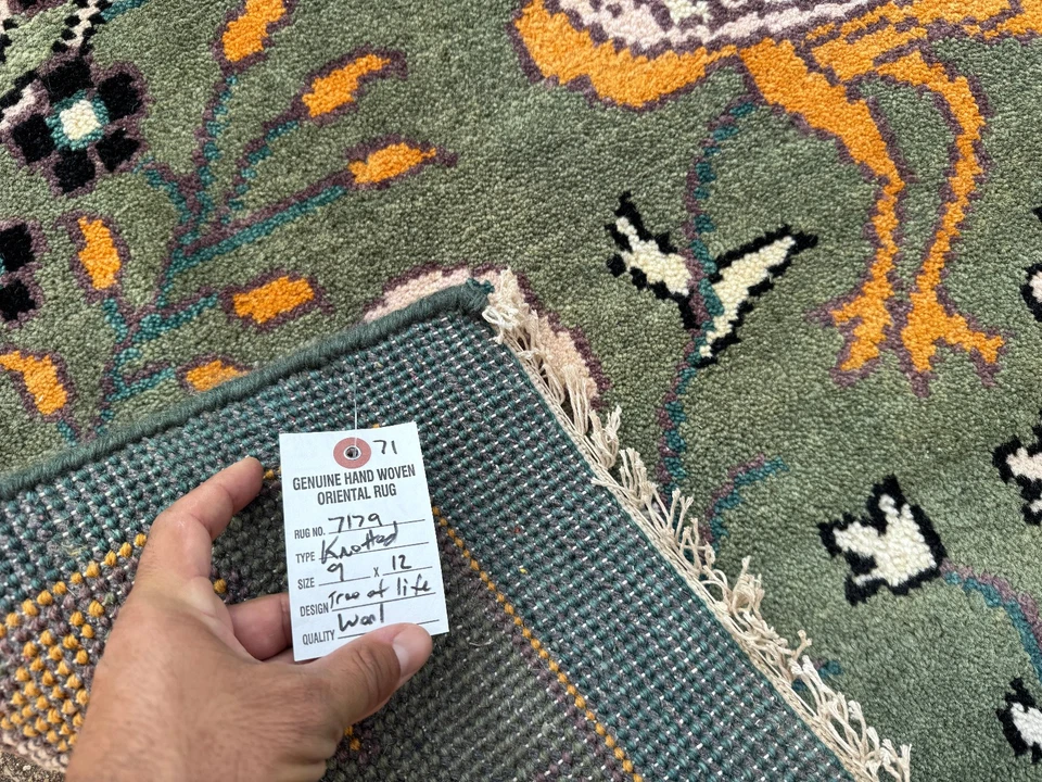 9 x 12 зеленый ковер ручной работы восточный ушак ручной работы новый мягкий птица животное бирюзовый синий - Изображение 3 из 4