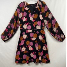 Ann Taylor Floral Dress Womens 6 Black Pink Long Sleeve Chiffon Fit & Flare