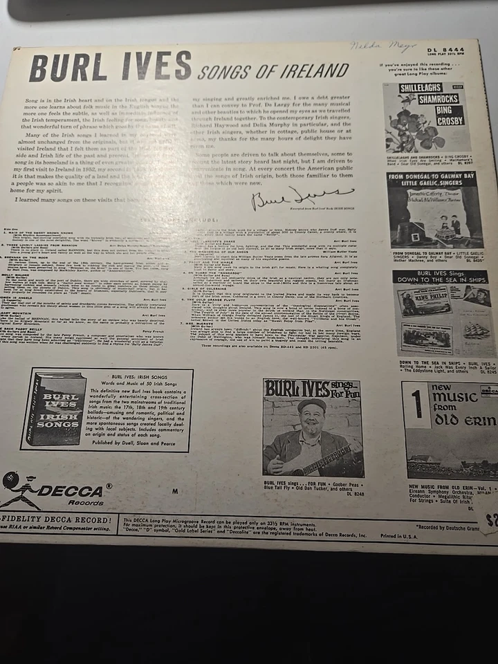 Burl Ives songs of Ireland 33 rpm LP record album DL 8444 - Image 2 of 4