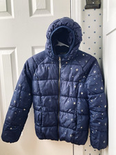 FLAW Girls Old Navy Blue PUFFER Jacket L Gold Star Pattern Size 10-12 Large Hood