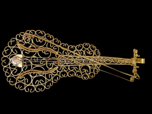 Vintage 80's Victorian Gold Iron Scrollwork Coral Cabochon Violin Wall Art Work - Picture 2 of 23