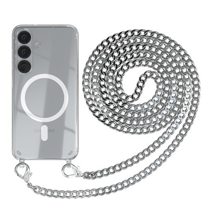 MagSafe Handykette für Samsung Galaxy S25 Band Metall Schwarze Kordel Silber