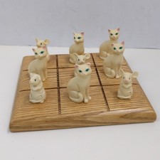 Vintage Cat Mouse Tic Tac Toe Game Wood Board Figurines Folk Art Cats Mice