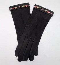 Vintage Ladies Lambskin Gloves w/Embroidered Flowers 6 1/2 Black EC
