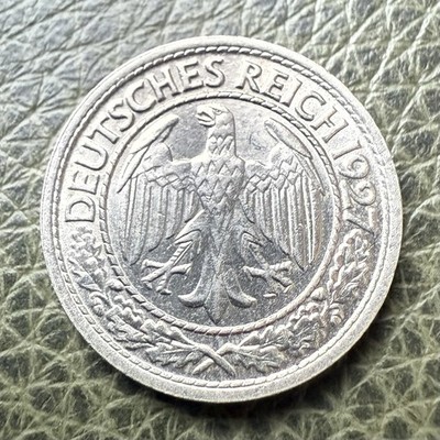 1927-F Germany 50 Reichspfenning, Weimar Republic Coin, AU Condition