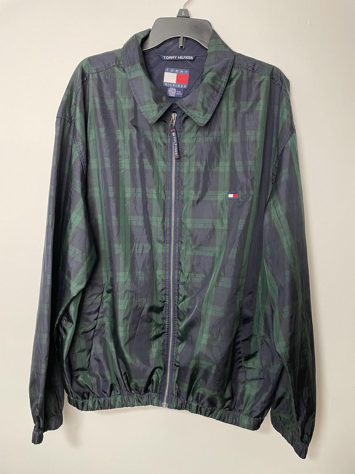 Tommy Hilfiger Windbreaker Golf Jacket Plaid Green Blue Zip Up 2XL Vintage 1990s