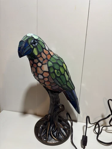 Vintage RARE Tiffany Style Stained Glass Parrot Bird Lamp Multi Color
