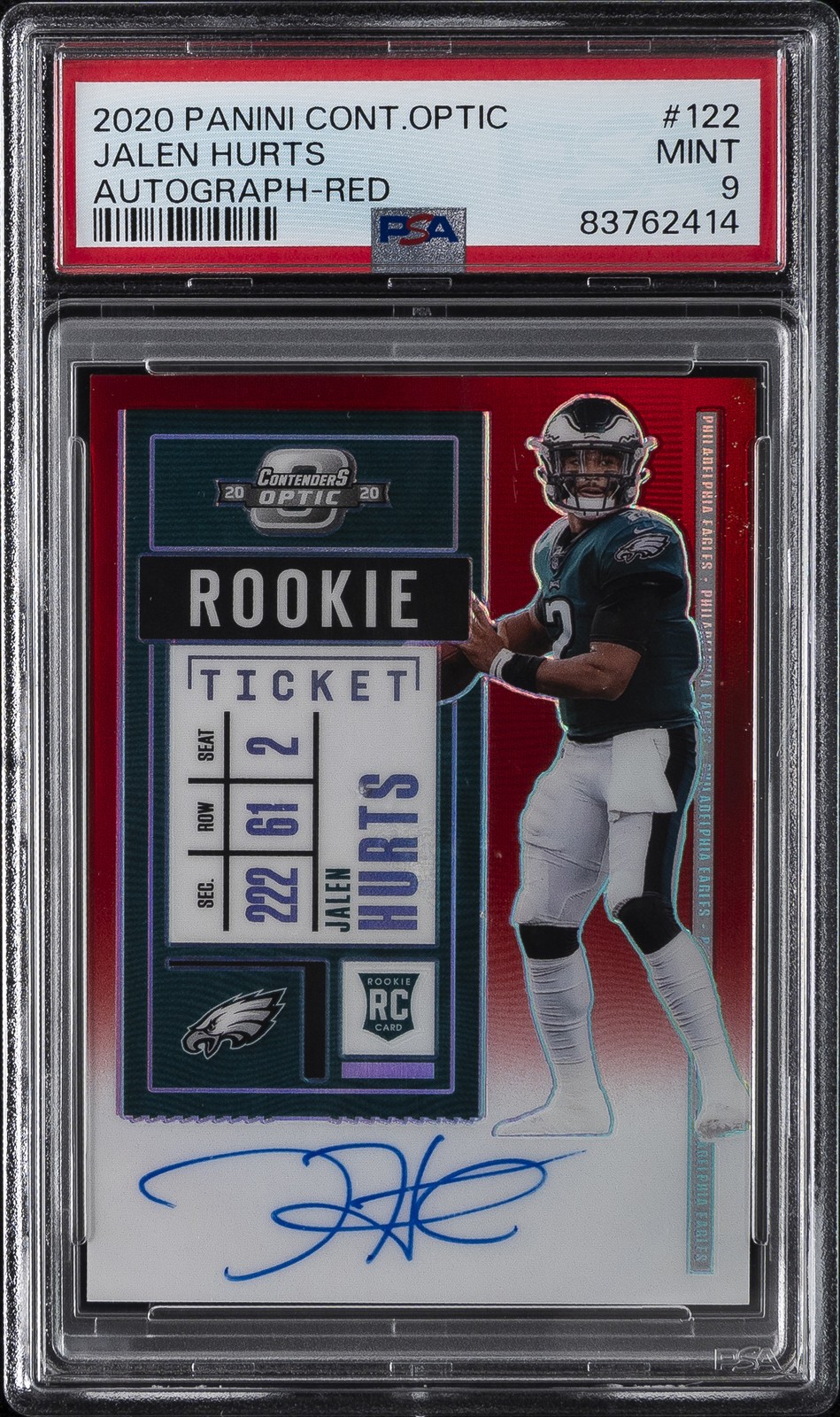 2020 CONTENDERS OPTIC AUTO-RED #122 JALEN HURTS 131/199 PSA 9