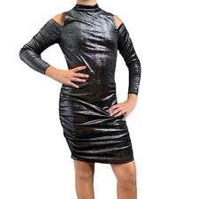 Juicy Couture Silver Bodycon Ruched Cold Shoulder Dress Velvet Size Small Y2K 