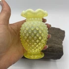 Vtg FENTON Glass BUD VASE Uranium Vaseline Topaz Opalescent Hobnail 3.75" #12