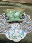 Vintage Brush McCoy Vase, Hand-Painted Pottery with Peacock Doily