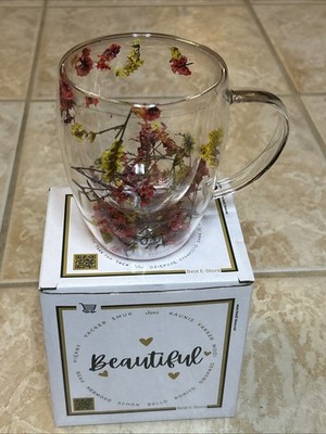 Floral Fusion Plastic Mug Double Wall Clear Coffee Tea Cup Botanical Dry Flower