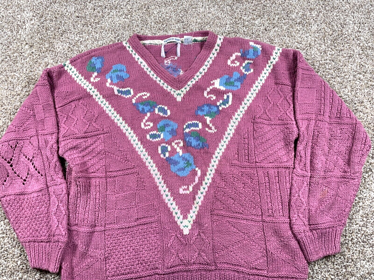 VTG Hand Knit Paisley Pattern V Neck Sweater Women's XL Pink