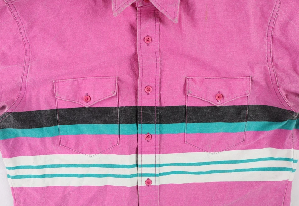 VTG 90s WRANGLER USA Men’s 33 Pink Teal Striped Button Up Brushpopper Shirt - Image 3 of 4