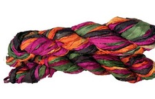 100 g Recycled Sari Silk Ribbon Yarn Black Orange multi