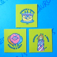 Birthday Cake Scented Sticker Lot Of 3 Cake Candles & Balloons Everything Smells