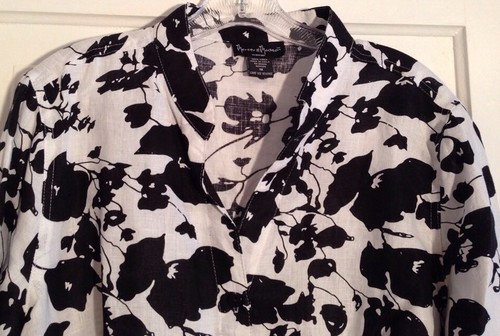 MERCER & MADISON 100 Linen Shirt/Top White/Black Floral Sexy Romantic Size 1X - 第 3/12 張圖片