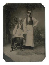 c1880 Tintype Two Volunteer Firemen in Aprons, Caps with "T" in Wreath Logo