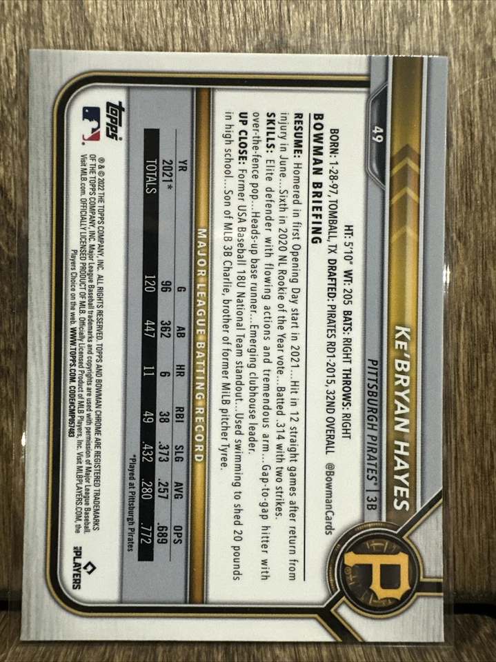 2022 Bowman Chrome Sapphire Ke'Bryan Hayes 49 | Pittsburgh Pirates - Image 2 of 2
