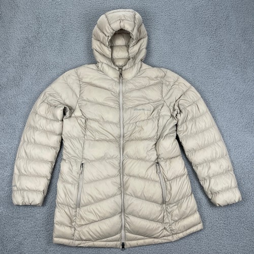 Eddie Bauer Chevron Hooded Down Parka Womens L Ivory Jacket Coat Puffer