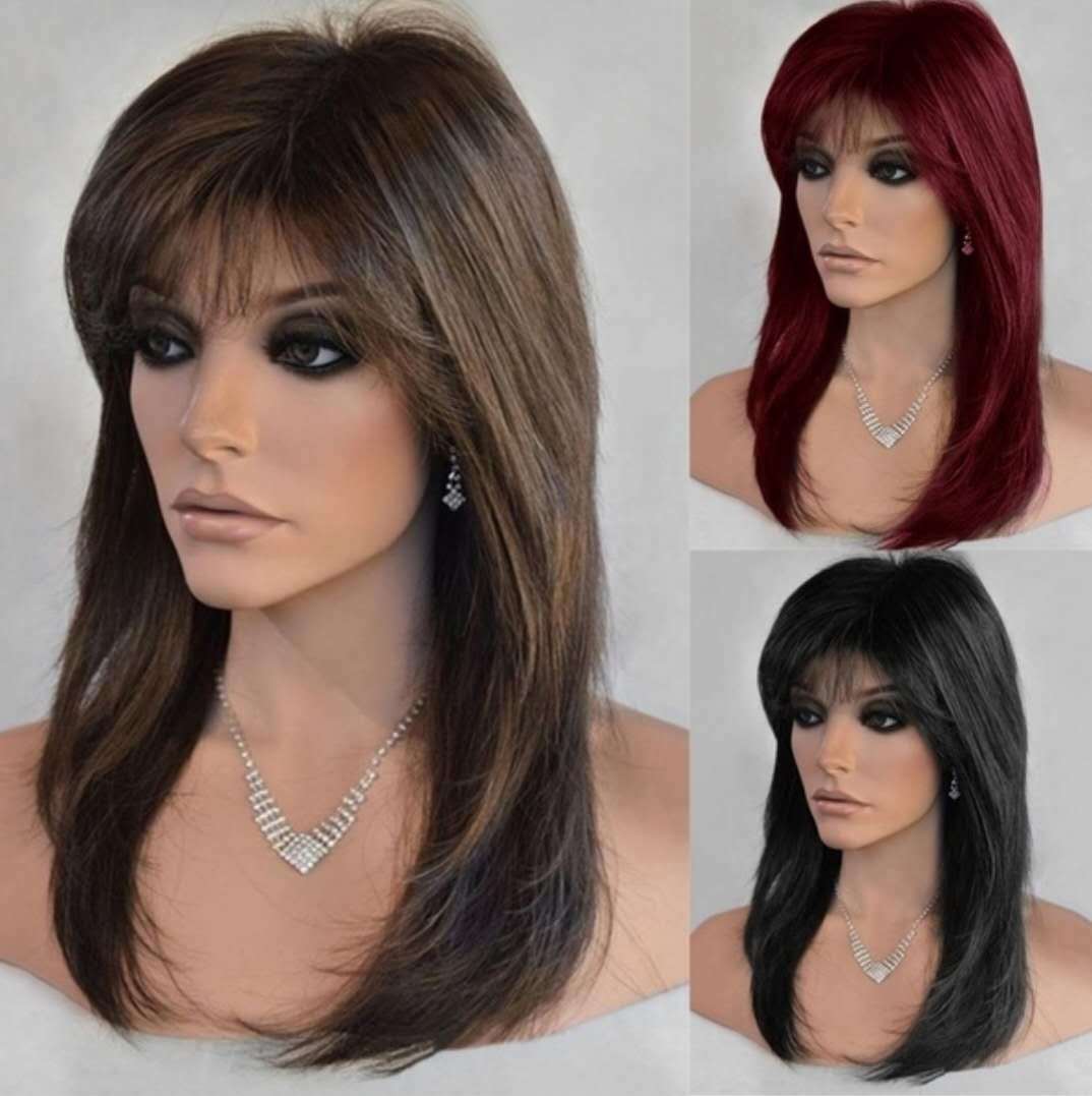 Women Real Natural Medium Straight Hair Wigs with Bangs Cosplay Party Full Wig