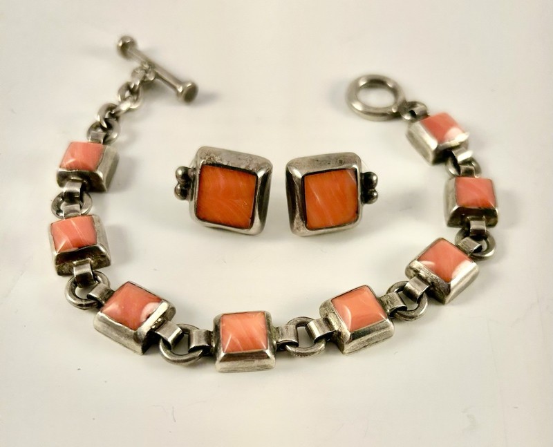 Taxco Sterling Silver And Rare Pink Coral Bracelet And Earring Set