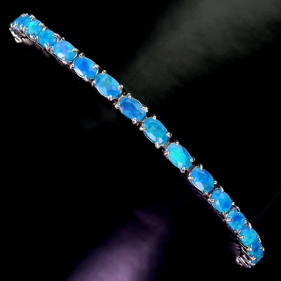 Pulsera de plata de ley 925 ovalada ópalo azul 5x3 mm joyas de piedras preciosas naturales 7,5 pulgadas Foto 2 de 4