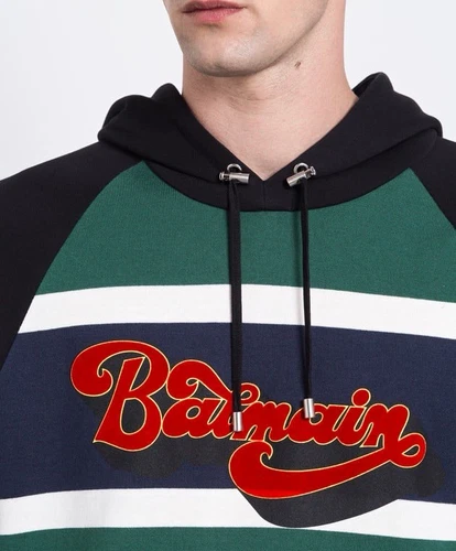 Balmain Men's Striped Colorblock Logo Pullover Hoodie Drawstring Pockets - product listing photo
