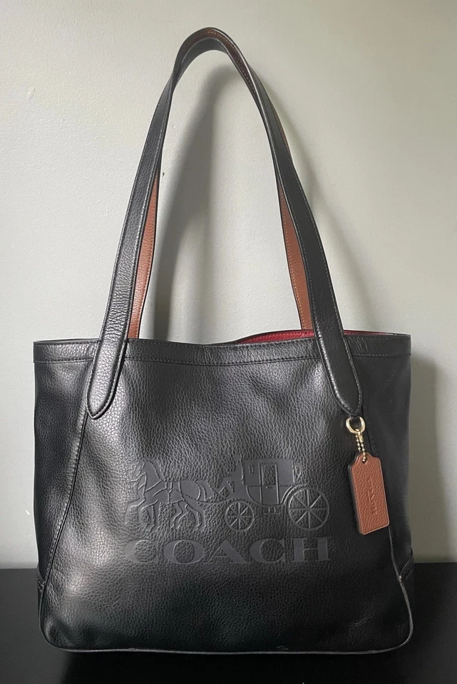 COACH Embossed Horse and Carriage Tote Bag Black Leather Red Interior Brown Trim - Image 2 of 4