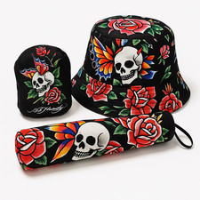Ed Hardy Skull Rose Gift Box Set   3pc Reversible Hat  Packable Tote  Umbrella
