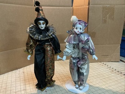 HARLEQUIN Porcelain Doll Jester 14  Clown 15  Vintage Mardi Gras /W/ Stand  (2)