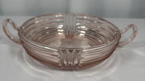 Anchor Hocking Depression Glass Bowl With Handles Pink Manhattan Ribbed Art Deco