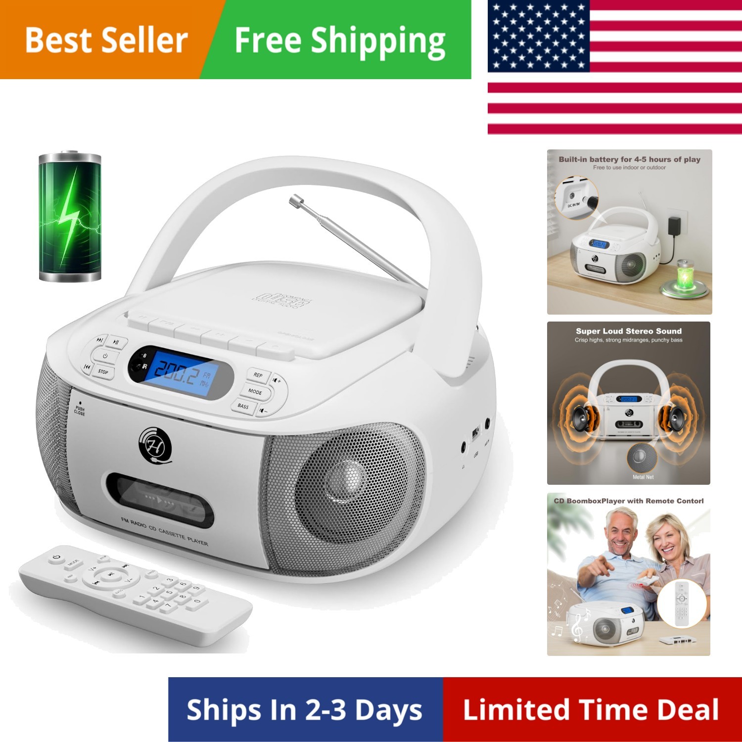 CD Cassette Player Combo, Rechargeable Boombox with Bluetoot
