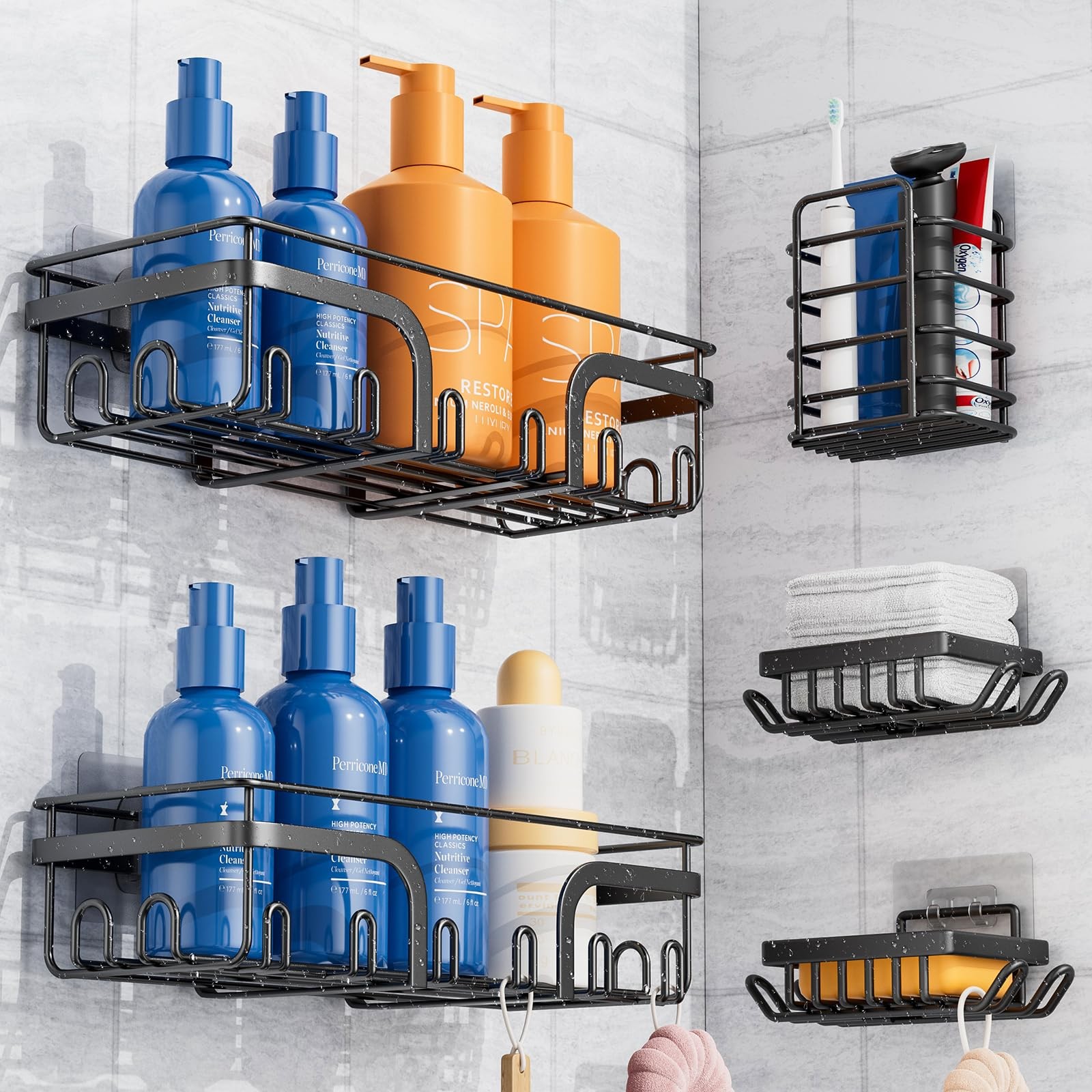 5 Pack Adhesive Shower Caddy, No Drilling Shower Shelves, Rustproof Stainless...