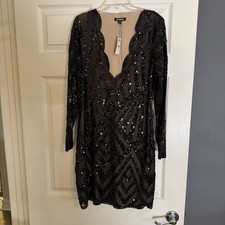 $118 NWT Express Cocktail Party Dress Black Sequin Sheer sleeves SIZE L 