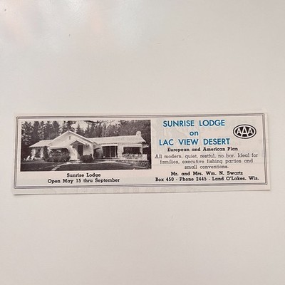 Sunrise Lodge on Lac View Desert Mr. & Mrs. Wm. N. Swartz 1958 MI Ad TAK3-M5