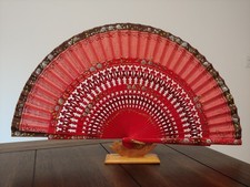 Spanish Art Hand-Painted Folding Fan Floral Design Made In Spain Red