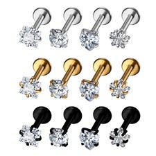 4 Pairs Surgical Steel Earrings Star Heart Square Round Cubic Zirconia Ear Studs